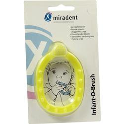 Gelbe Baby-Zahnbürste in Verpackung mit Bild eines Kindes.