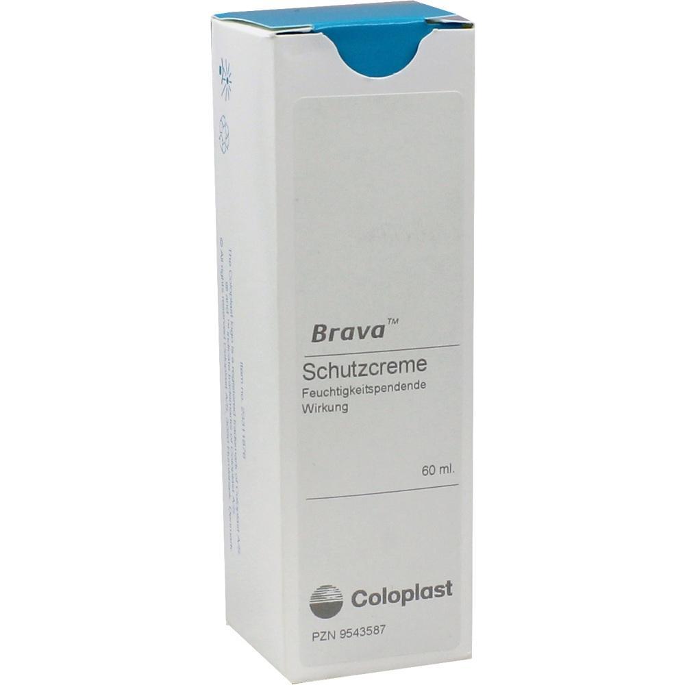 Weiße Packung mit der Aufschrift "Brava Schutzcreme" von Coloplast, 60 ml.