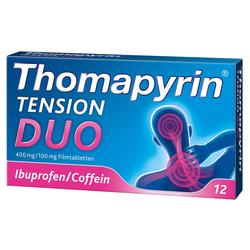 Blau-rote Packung mit Schmerztabletten gegen Nackenschmerzen.